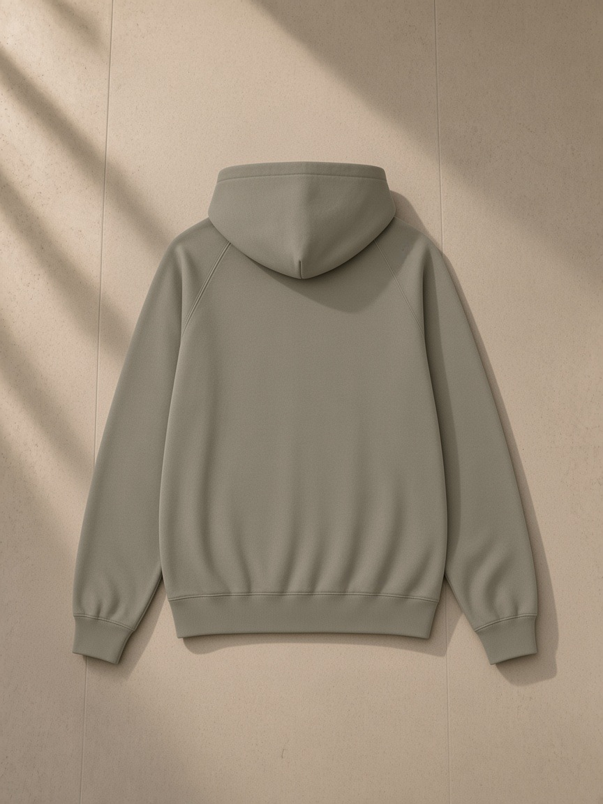 Essential zip-up fleece hoodie in Carbon Gray, laid flat on pale limestone, back view
