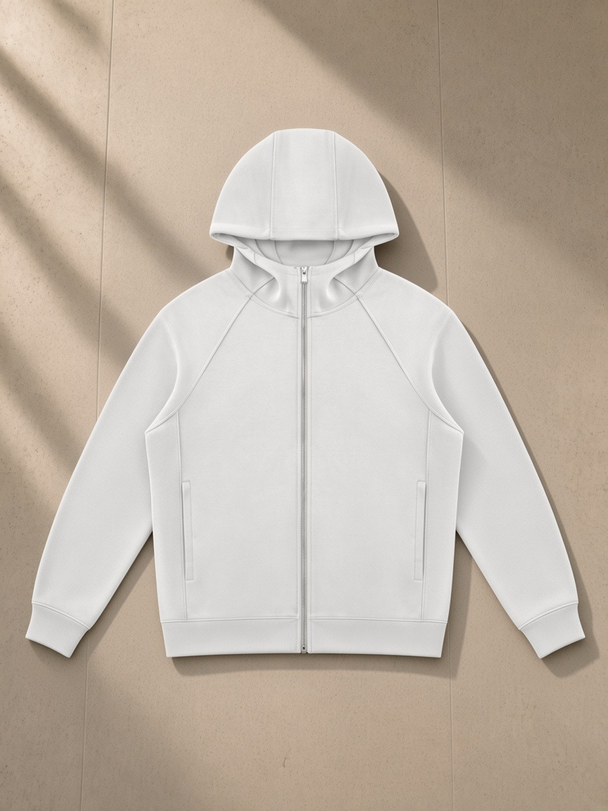 Raglan Full Zip Hoodie in Light Gray, laid flat on pale limestone, front.