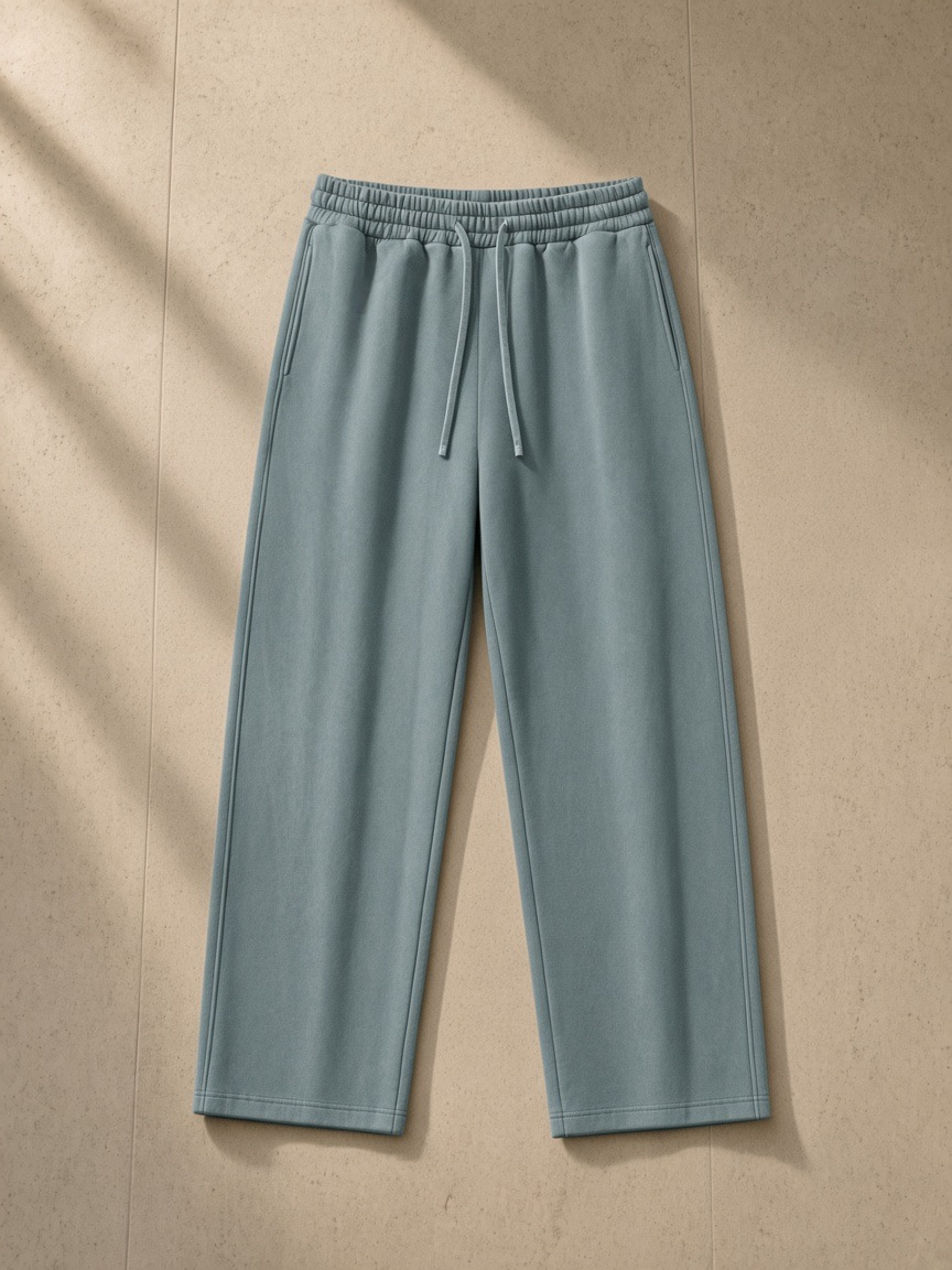 Heavyweight vintage wash sweatpants in Haze Blue, laid flat on pale limestone