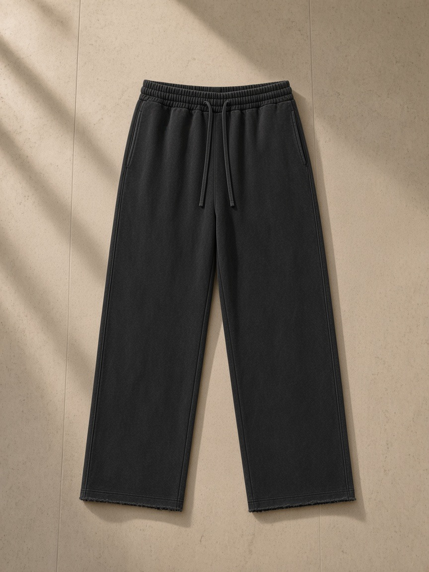Snow Washed Raw Edge Sweatpants in Black, laid flat on pale limestone