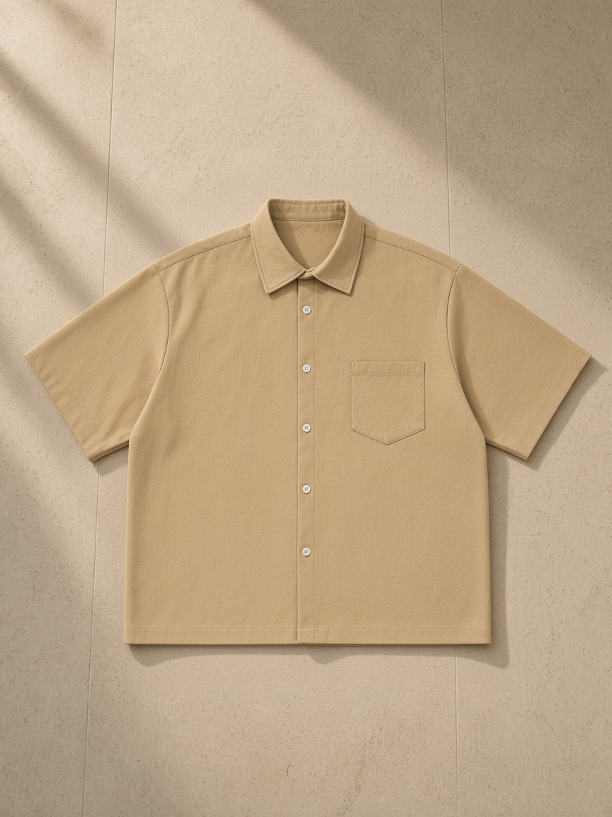 Boxy heavyweight short sleeve shirt in Khaki, laid flat on pale limestone