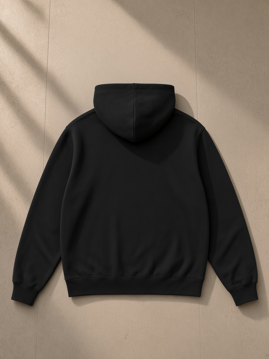 Unisex regular fit full zip hoodie in Black, laid flat on pale limestone, back view
