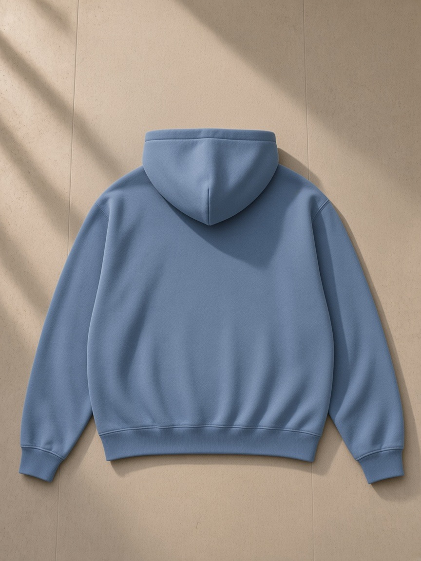 Boxy vintage washed hoodie in Light Blue, laid flat on pale limestone, back view