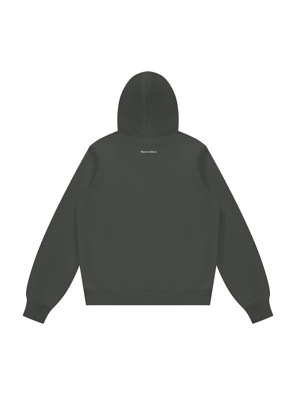 Unisex fleece regular shoulder hoodie in Dark Gray, back view on white. Marcel Afters
