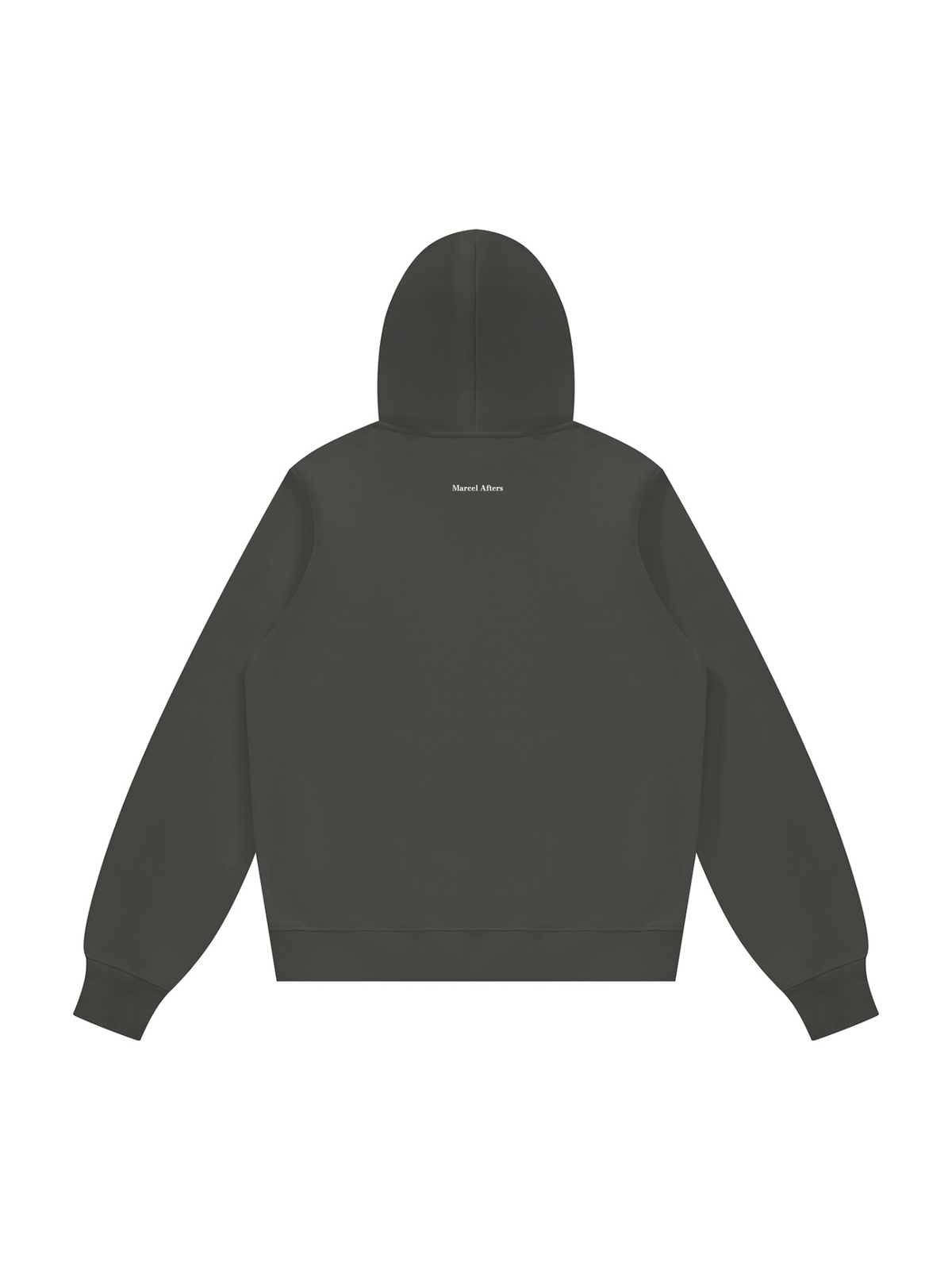 Unisex fleece regular shoulder hoodie in Dark Gray, back view on white. Marcel Afters