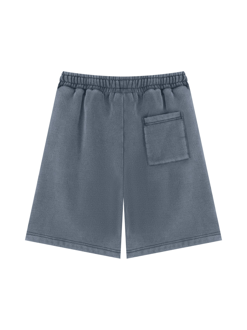 Unisex vintage wash fleece shorts in Washed Blue, back view on white. Marcel Afters