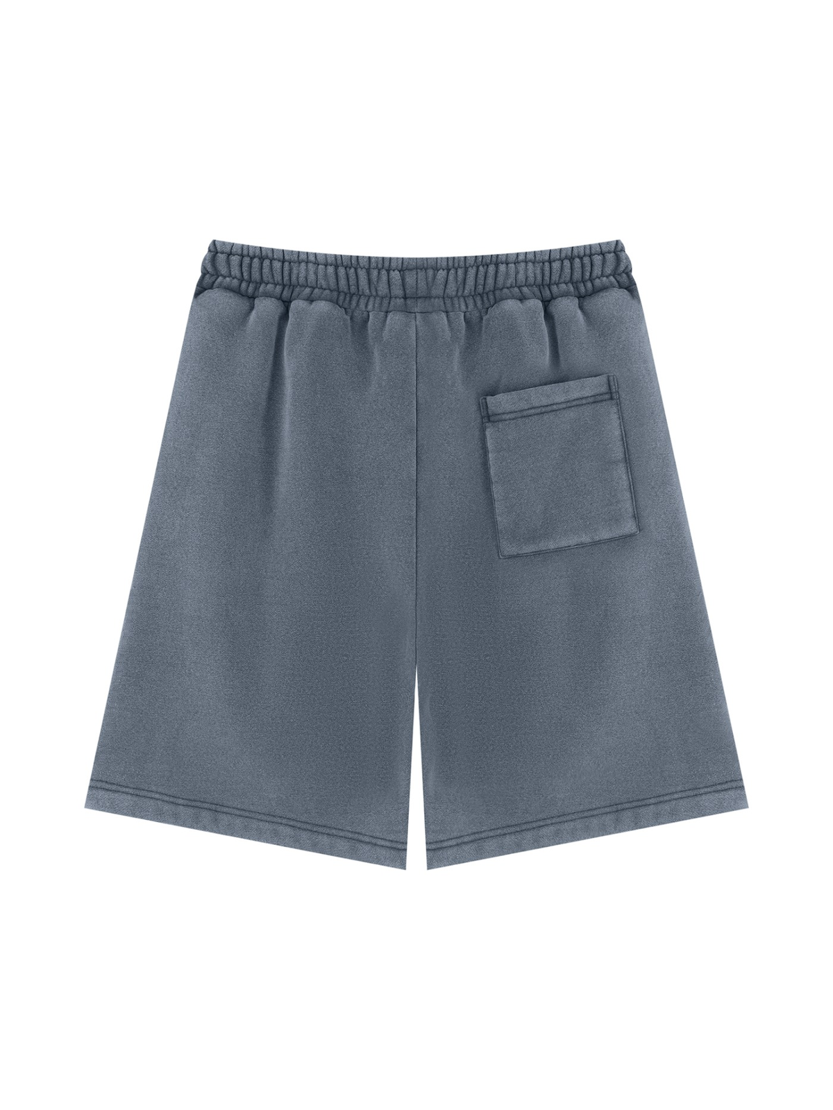 Unisex vintage wash fleece shorts in Washed Blue, back view on white. Marcel Afters