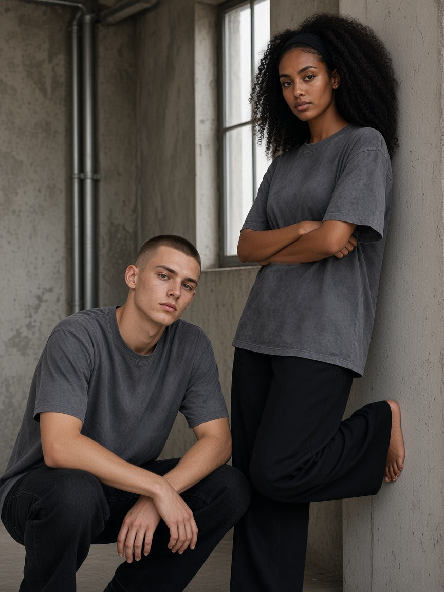 Marcel Afters Dirty Washed Loose T-Shirt — Dark, Dark Gray, couple, studio