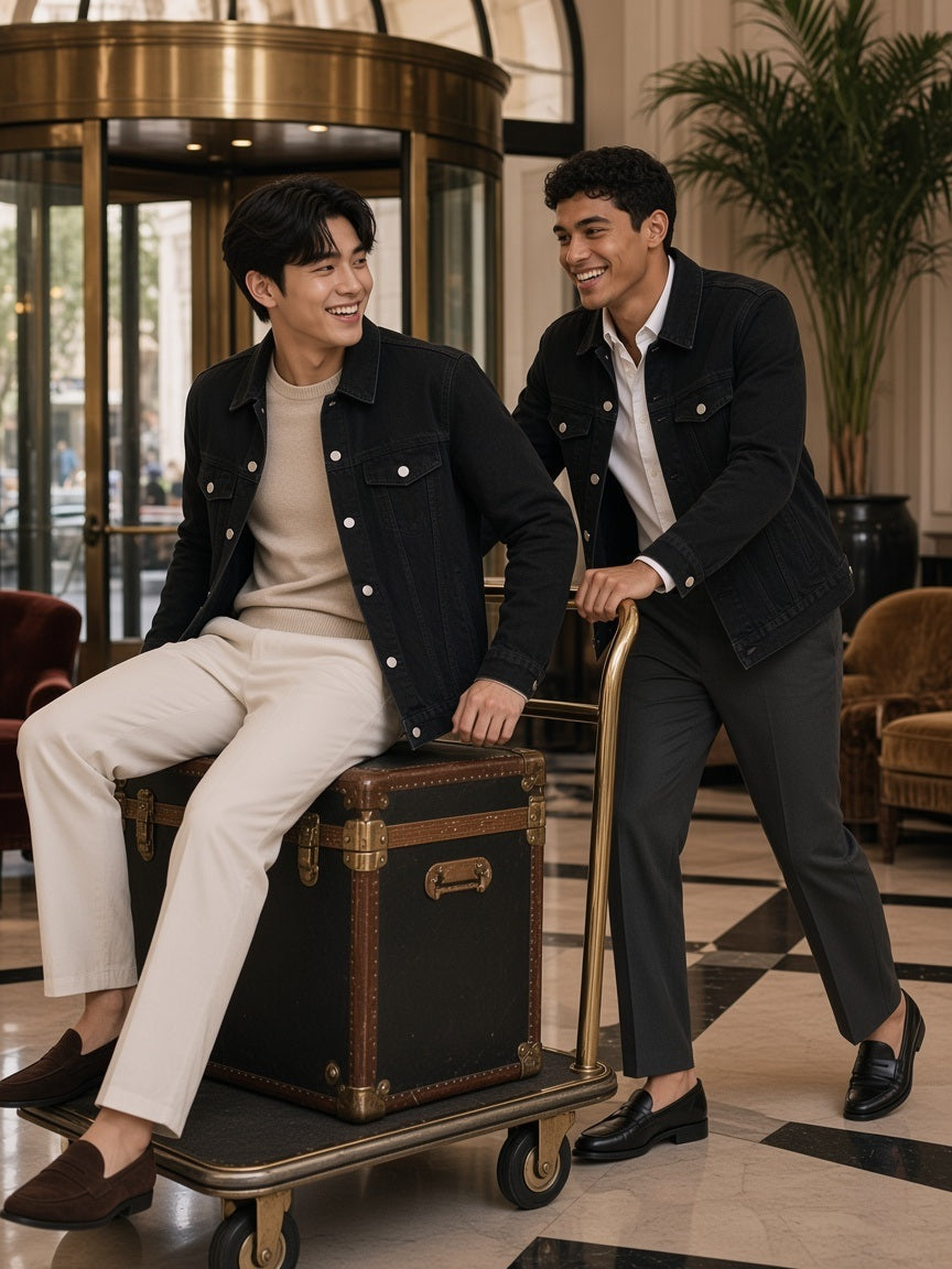 Two men in the Vintage Wash Denim Jacket in Black, racing a luggage trolley across a grand hotel lobby