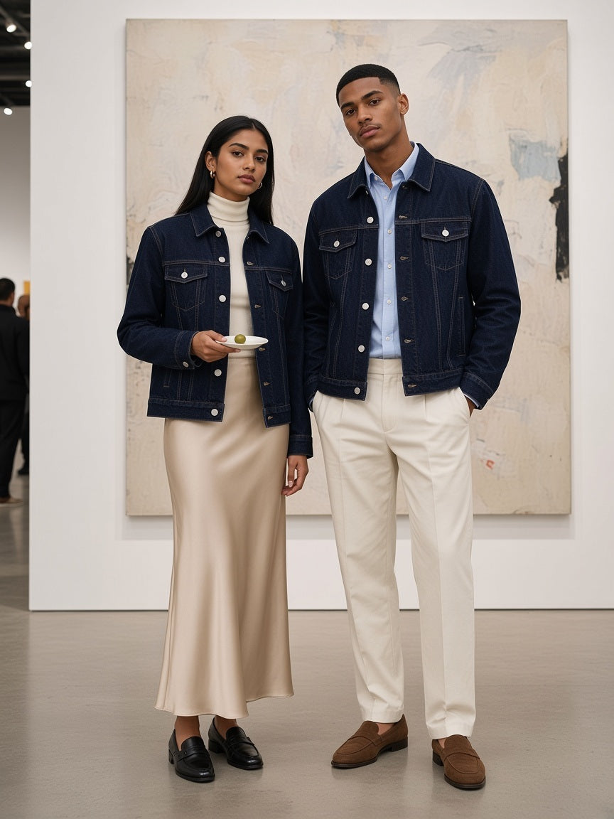 Two people in the Vintage Wash Denim Jacket in Navy Blue at a gallery opening