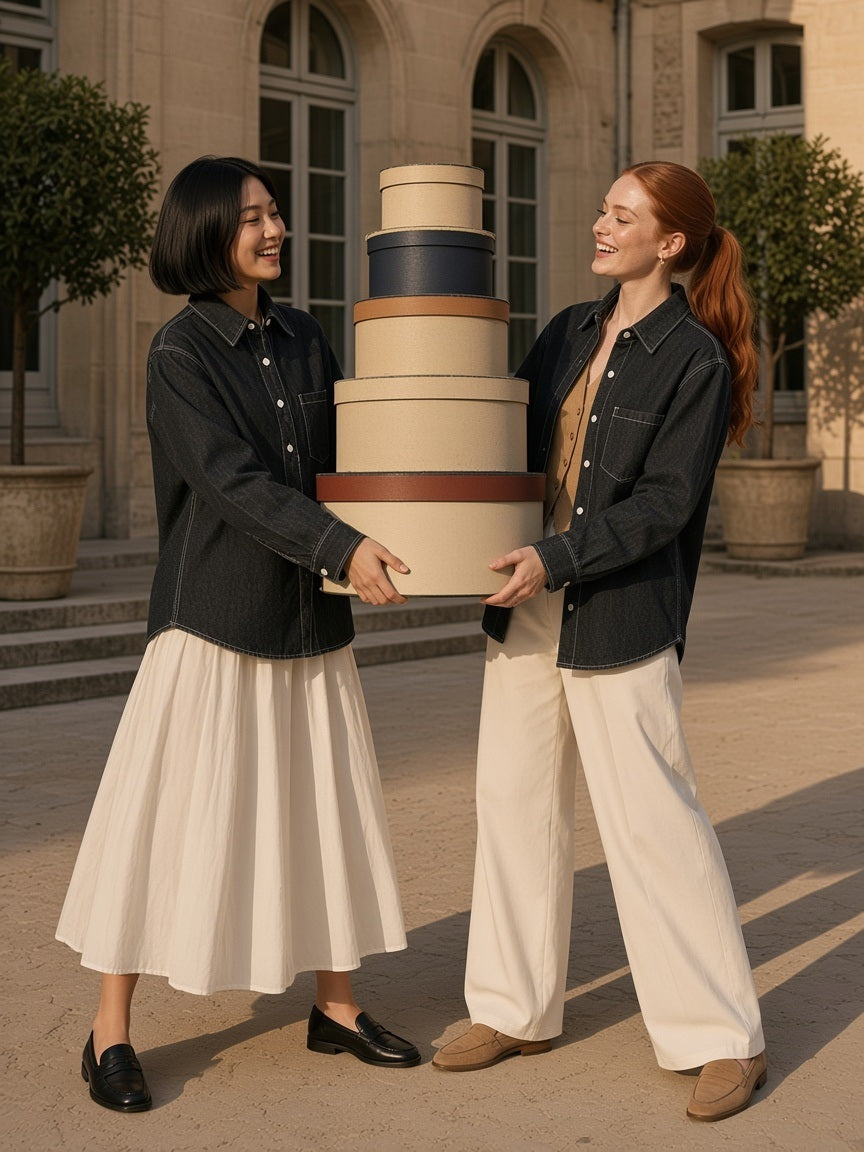 Two women in the Vintage Wash Denim Shirt in Black carrying hatboxes across a Paris courtyard