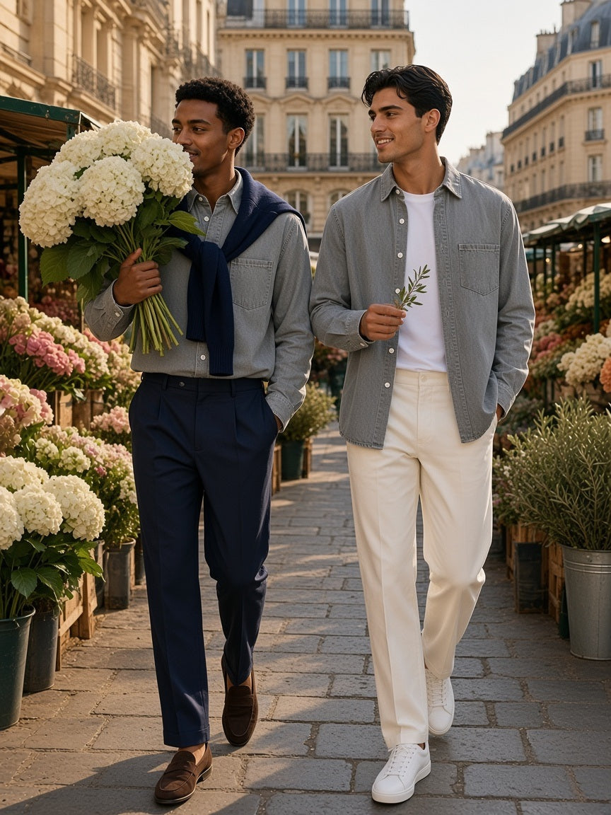 Two men in the Vintage Wash Denim Shirt in Light Gray at a Paris flower market