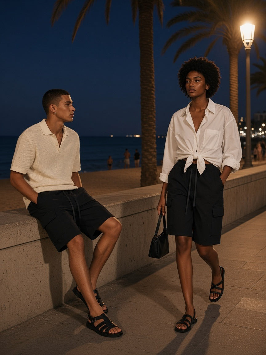 Two people in the Drawstring Cargo Shorts in Black, one on the sea wall and one walking past, on the Barceloneta boardwalk at night