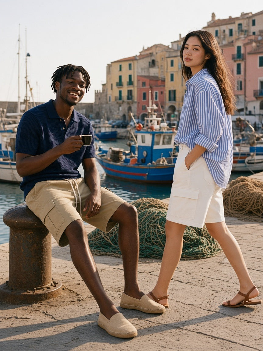 Two people in the Drawstring Cargo Shorts in Khaki and White, one on a mooring bollard with an espresso and one walking past, at Procida harbour in the morning