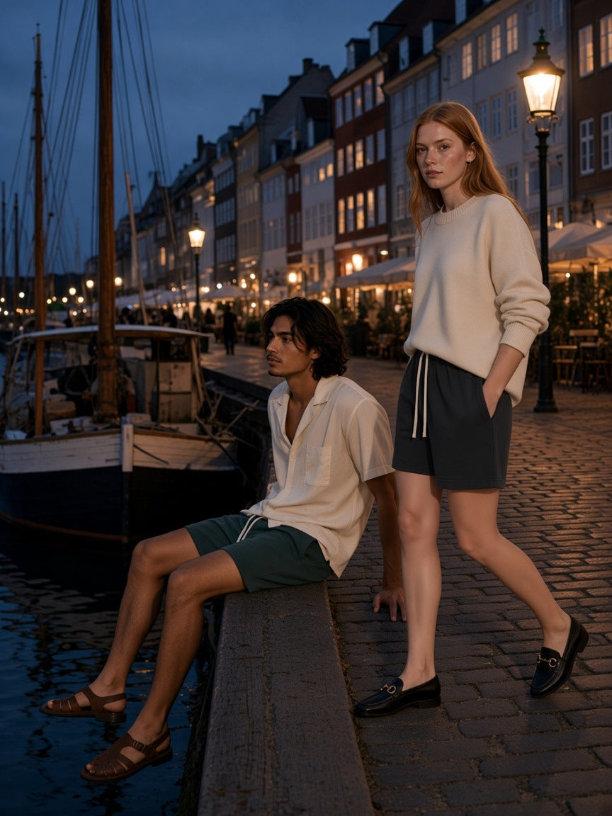 Two people in the Drawstring Shorts in Dark Green and Washed Black, one on the quay edge and one walking past, on the Nyhavn quay in Copenhagen at blue hour