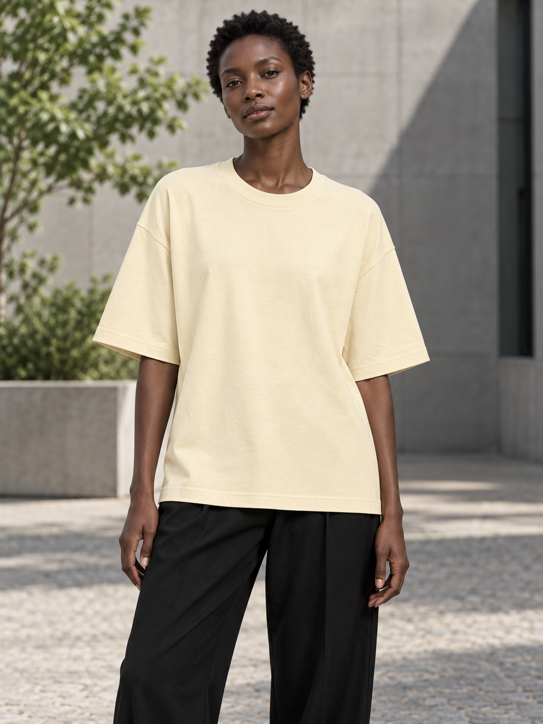 Drop Shoulder Cotton T-Shirt in Apricot, women model front view