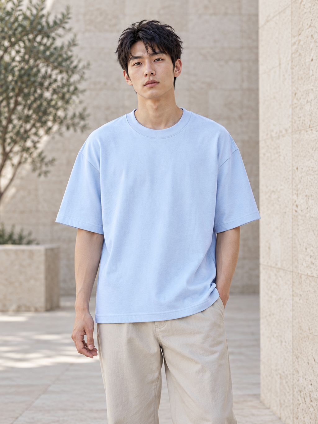 Drop Shoulder Cotton T-Shirt in Blue, men model front view