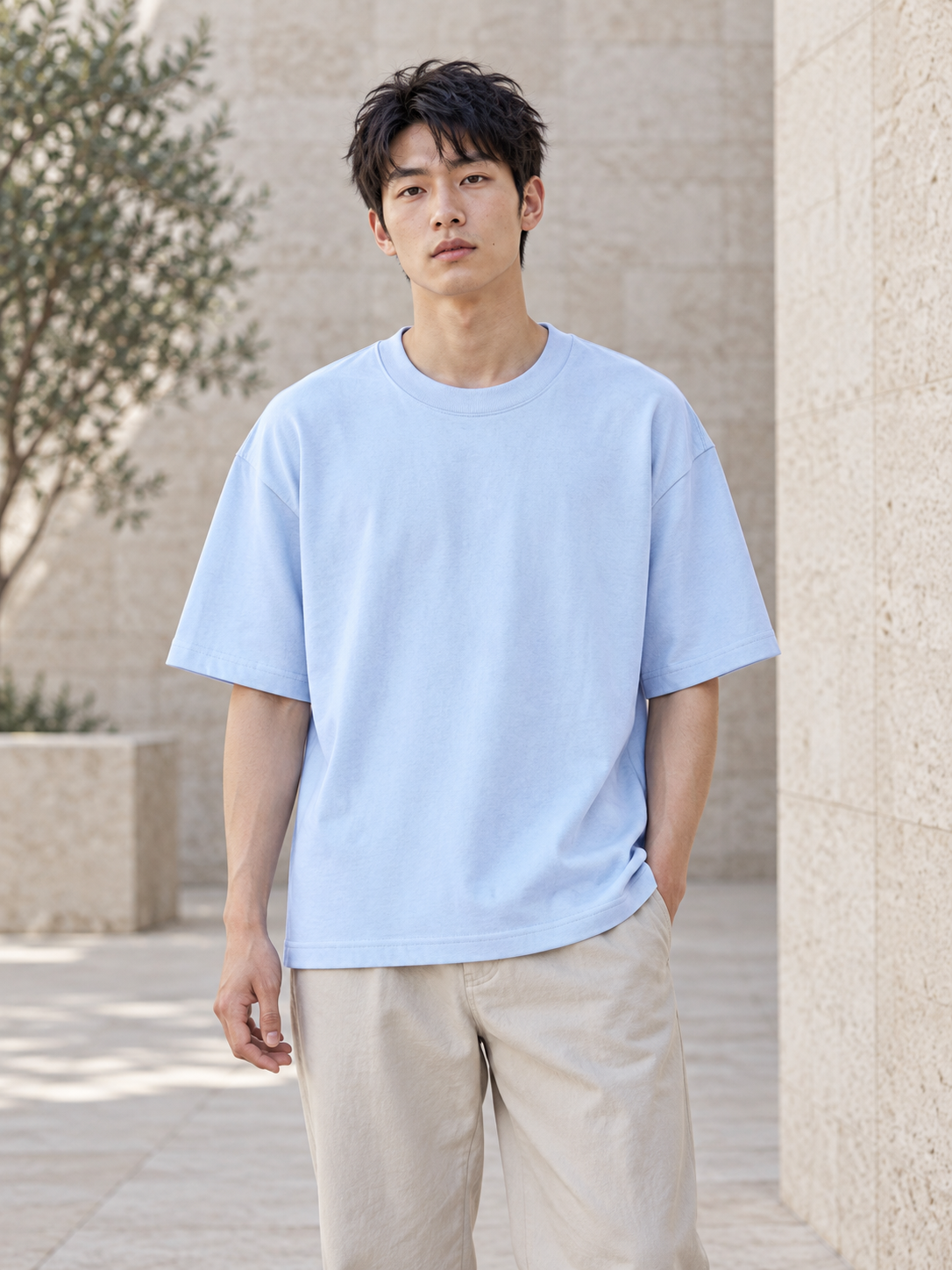 Drop Shoulder Cotton T-Shirt in Blue, men model front view