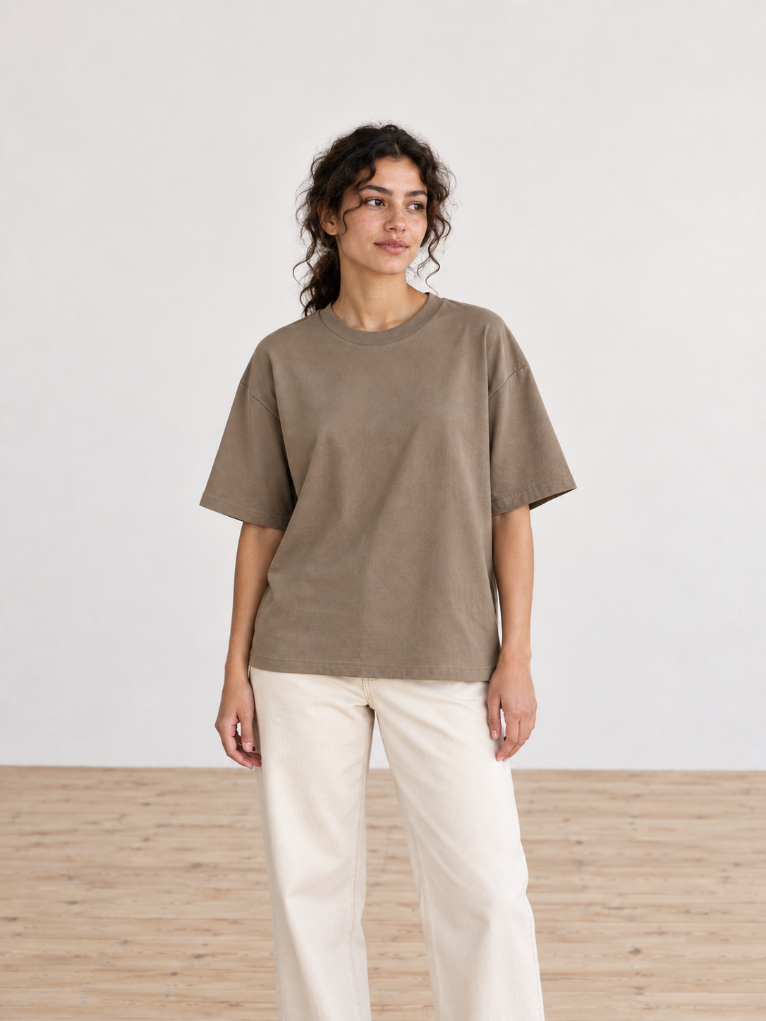 Drop Shoulder Cotton T-Shirt in Brown, women model front view