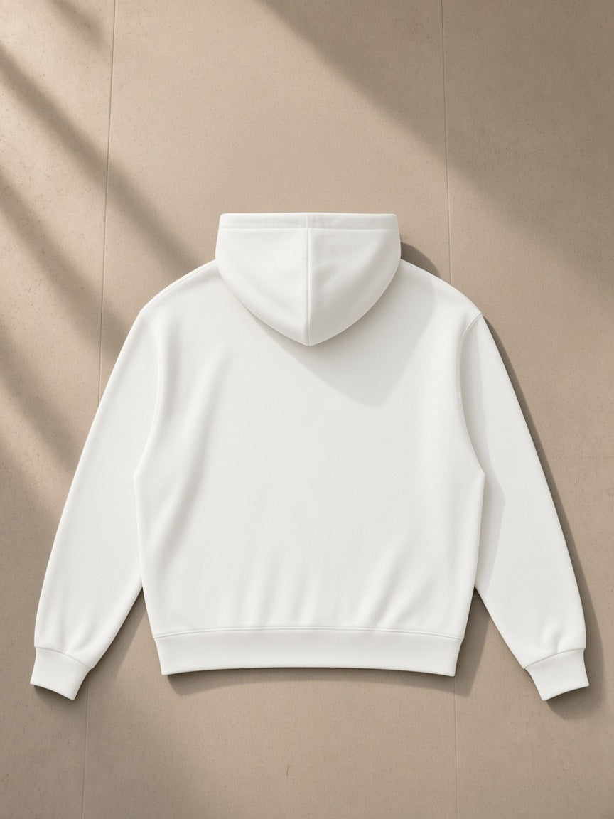 Drop Shoulder Full Zip Hoodie in White, laid flat on pale limestone, back view