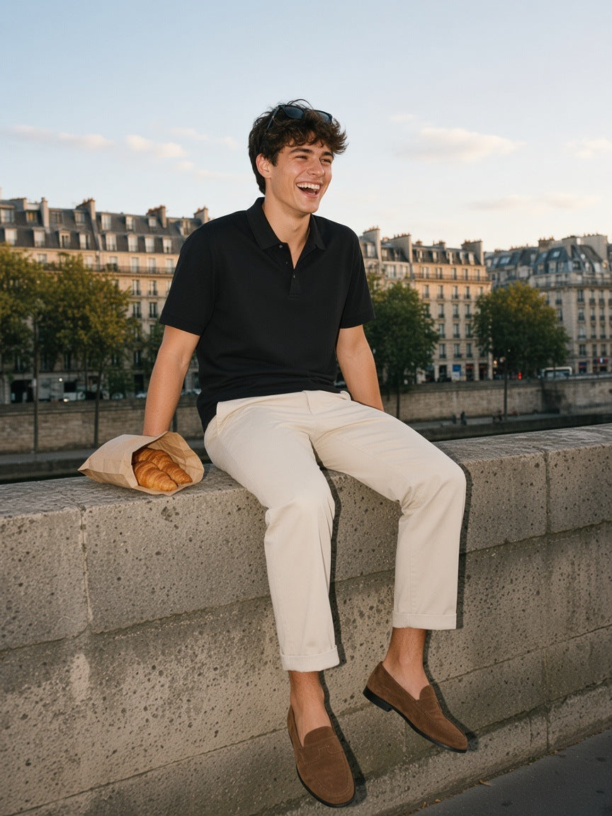 Man in the Drop Shoulder Short-Sleeve Polo in Black with stone chinos, laughing on a Seine quay wall in Paris at dawn with croissants