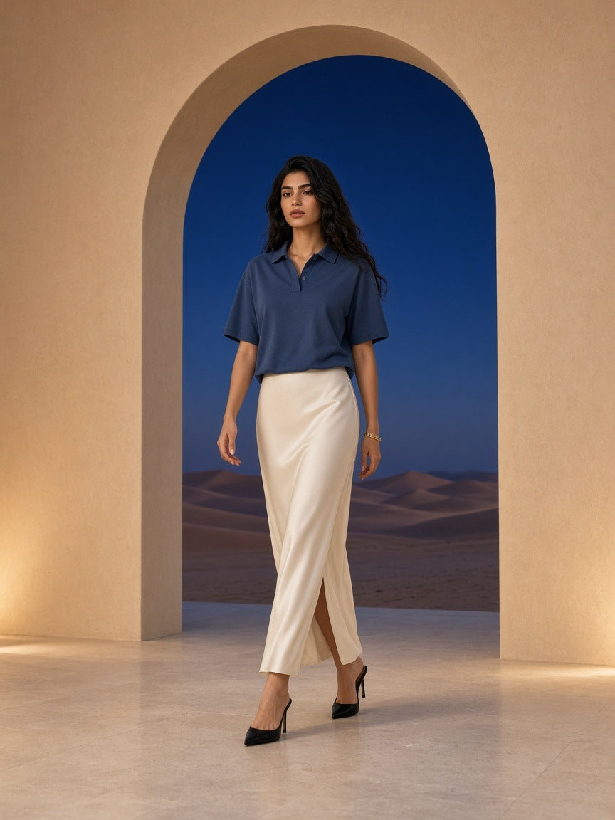 Drop Shoulder Short-Sleeve Polo in Navy Blue, à deux, worn by her