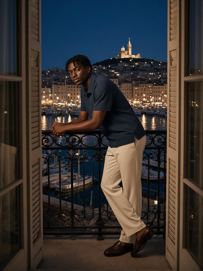 Man in the Marcel Afters Drop Shoulder Short-Sleeve Polo in Navy Blue on a rooftop terrace in Lagos at night