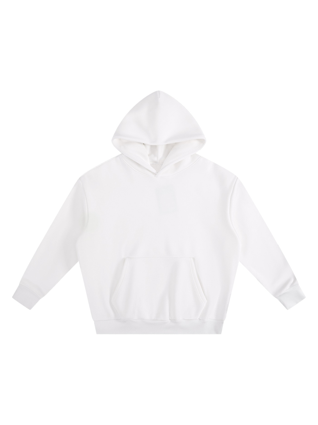 Unisex heavyweight boxy fleece hoodie in White, front view on white. Marcel Afters