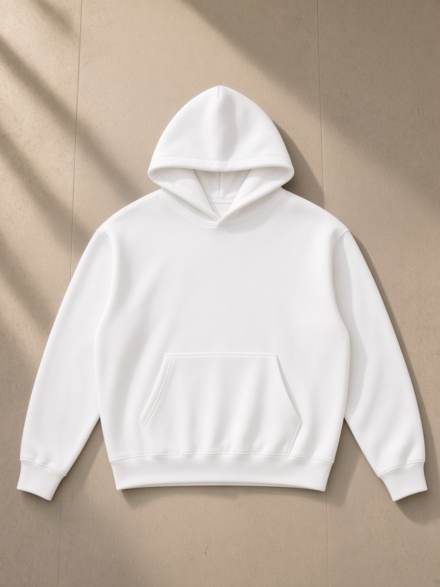 Heavyweight boxy fleece hoodie in White, laid flat on pale limestone