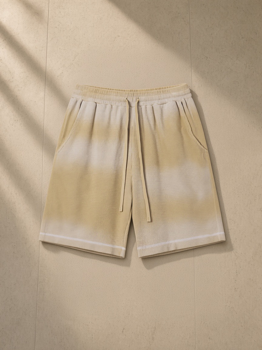 Sunfade waffle raw hem shorts in Khaki, laid flat on pale limestone