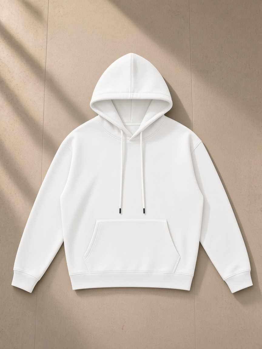Streetwear Fleece Hoodie in White, laid flat on pale limestone