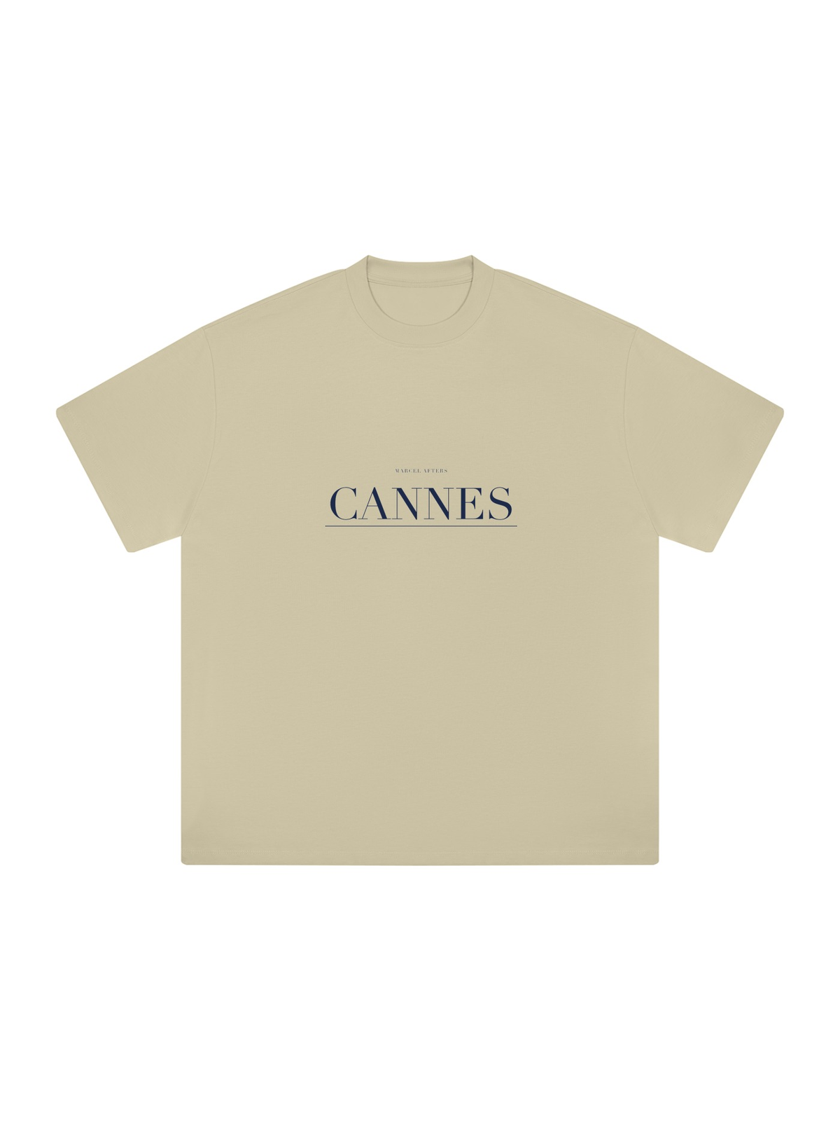 Cannes Heavyweight Drop Shoulder T-Shirt by Marcel Afters in Pale Khaki, front view with the printed artwork, on white