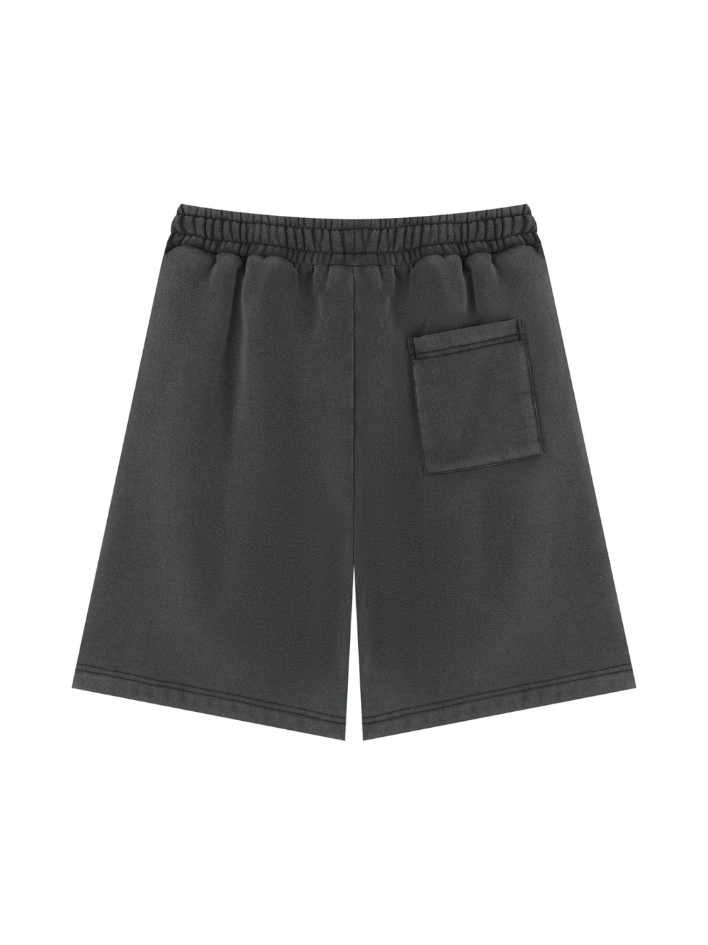 Unisex vintage wash fleece shorts in Black, back view on white. Marcel Afters