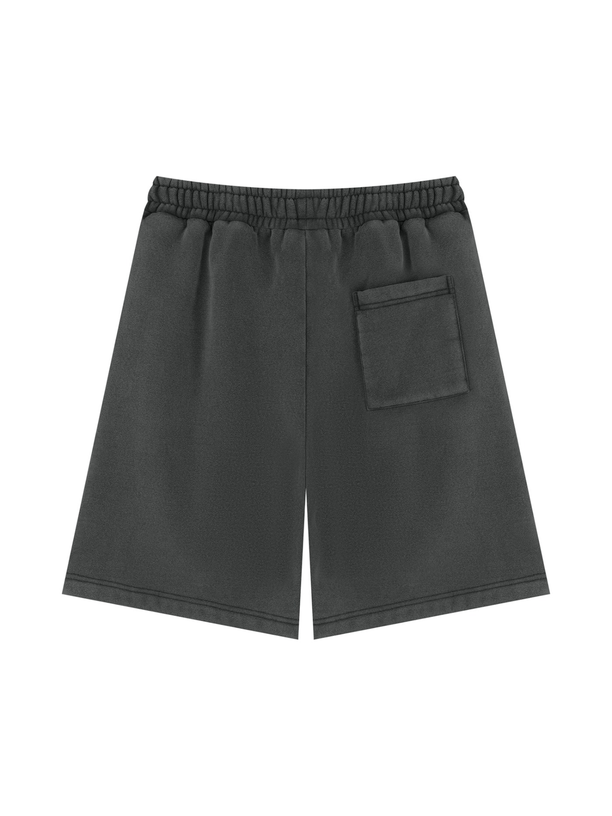 Unisex vintage wash fleece shorts in Black, back view on white. Marcel Afters