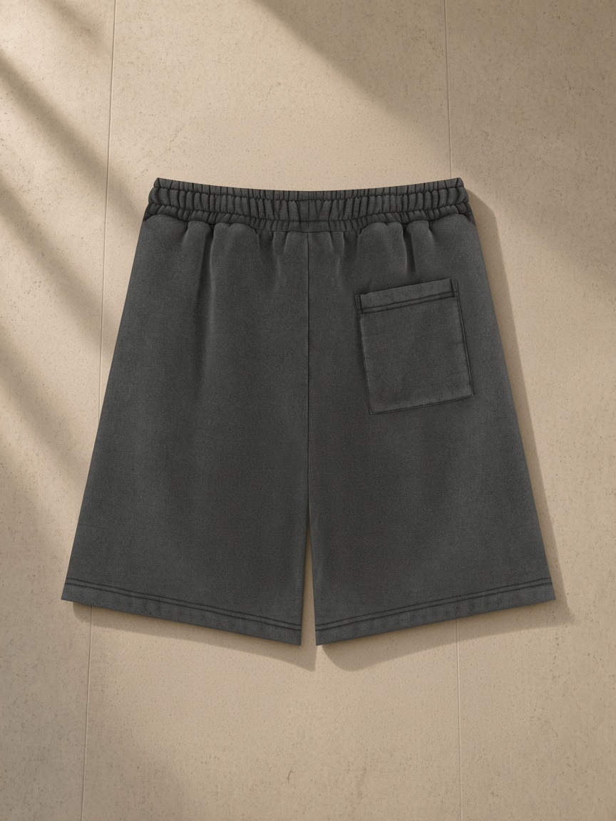 Unisex vintage wash fleece shorts in Black, laid flat on pale limestone, back view