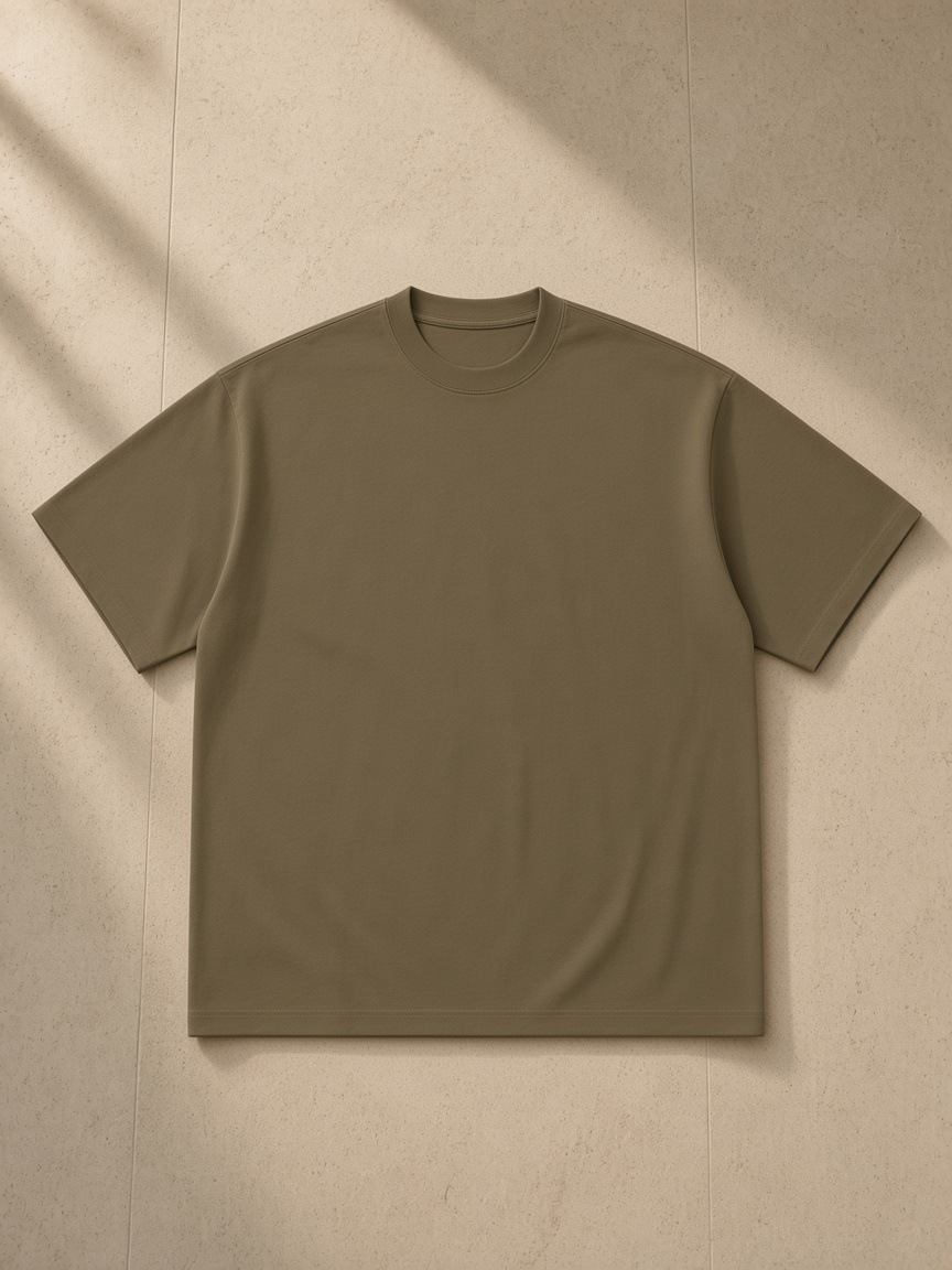 Heavyweight Drop Shoulder T-Shirt in Coffee, laid flat on pale limestone