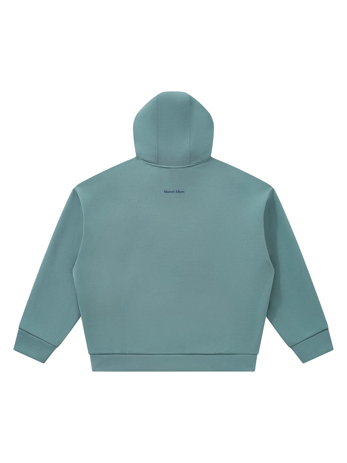 Unisex heavyweight fleece boxy hoodie, back view on white. Marcel Afters