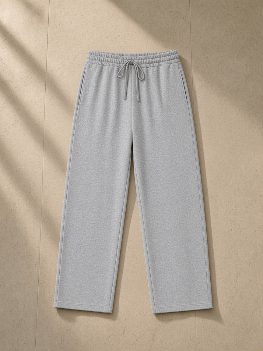 Unisex straight-leg sweatpants in Flower Gray, front view on white. Marcel Afters