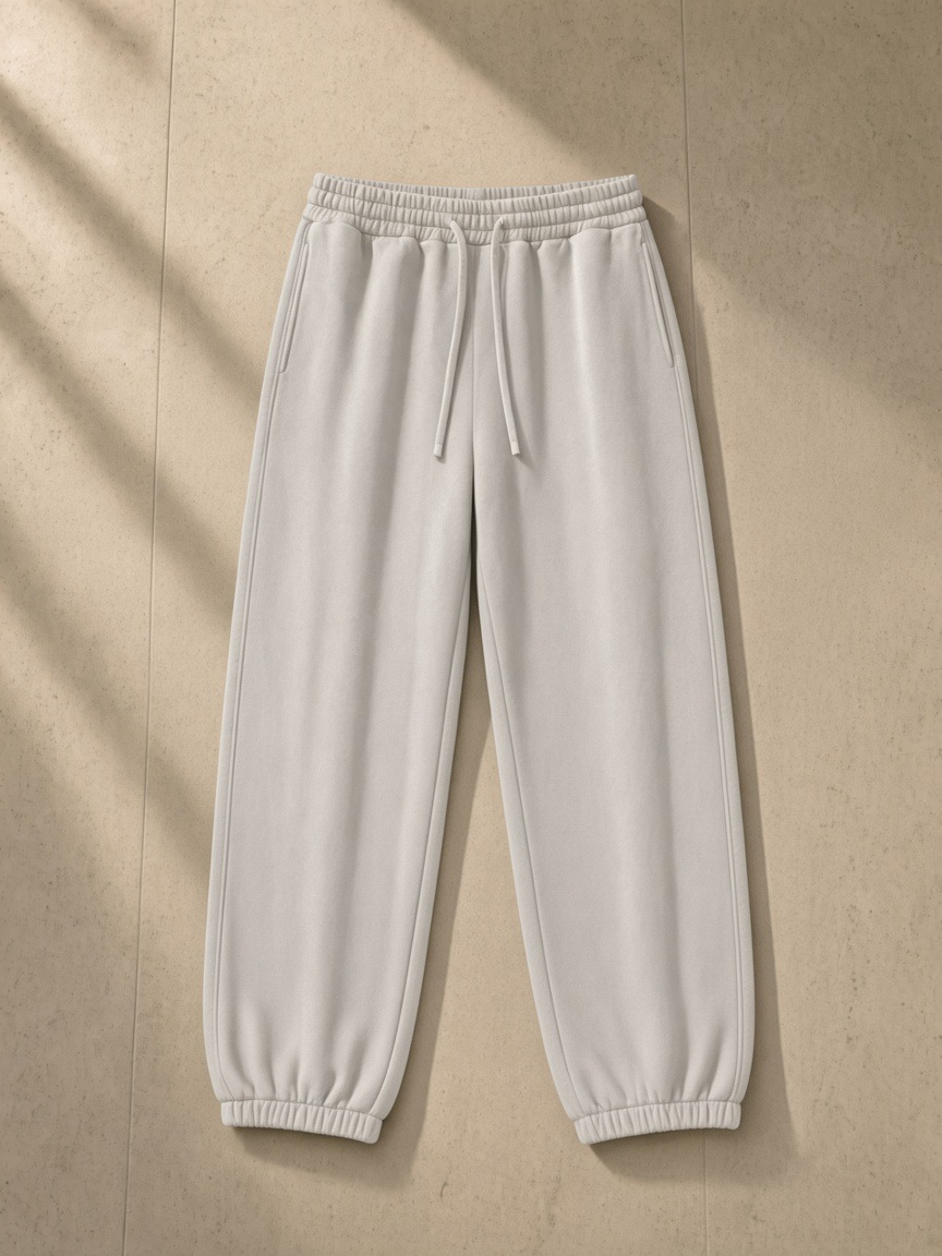 Vintage Washed Fleece Jogger Sweatpants in Light Gray, laid flat on pale limestone