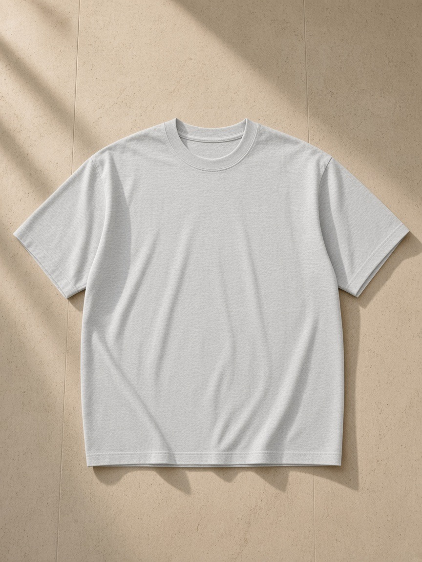 Unisex classic loose boxy tee in Flower Gray, laid flat on pale limestone