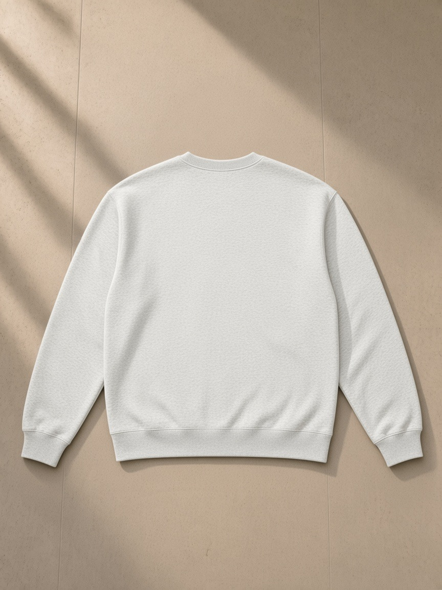 Heavyweight Crewneck Sweatshirt in Oat Gray, laid flat on pale limestone, back view