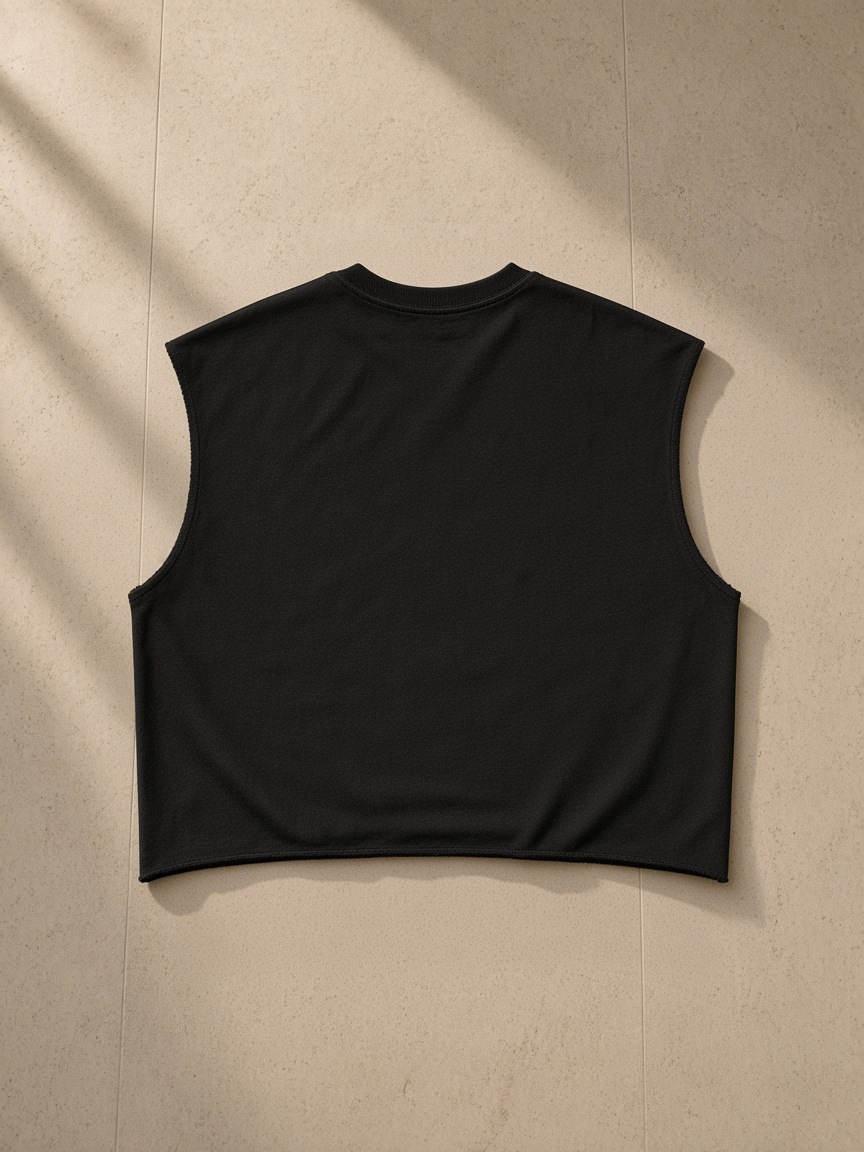 Women's French Terry Boxy Tank Top in Black, laid flat on pale limestone, back view