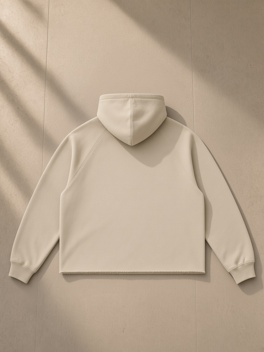 Vintage wash raw edge boxy hoodie in Khaki, laid flat on pale limestone, back view