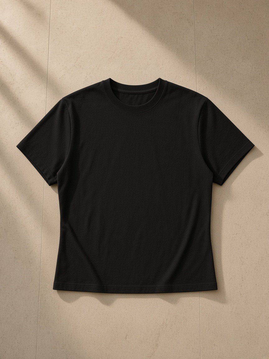 Essential Bodycon Crewneck T-Shirt in Black, laid flat on pale limestone
