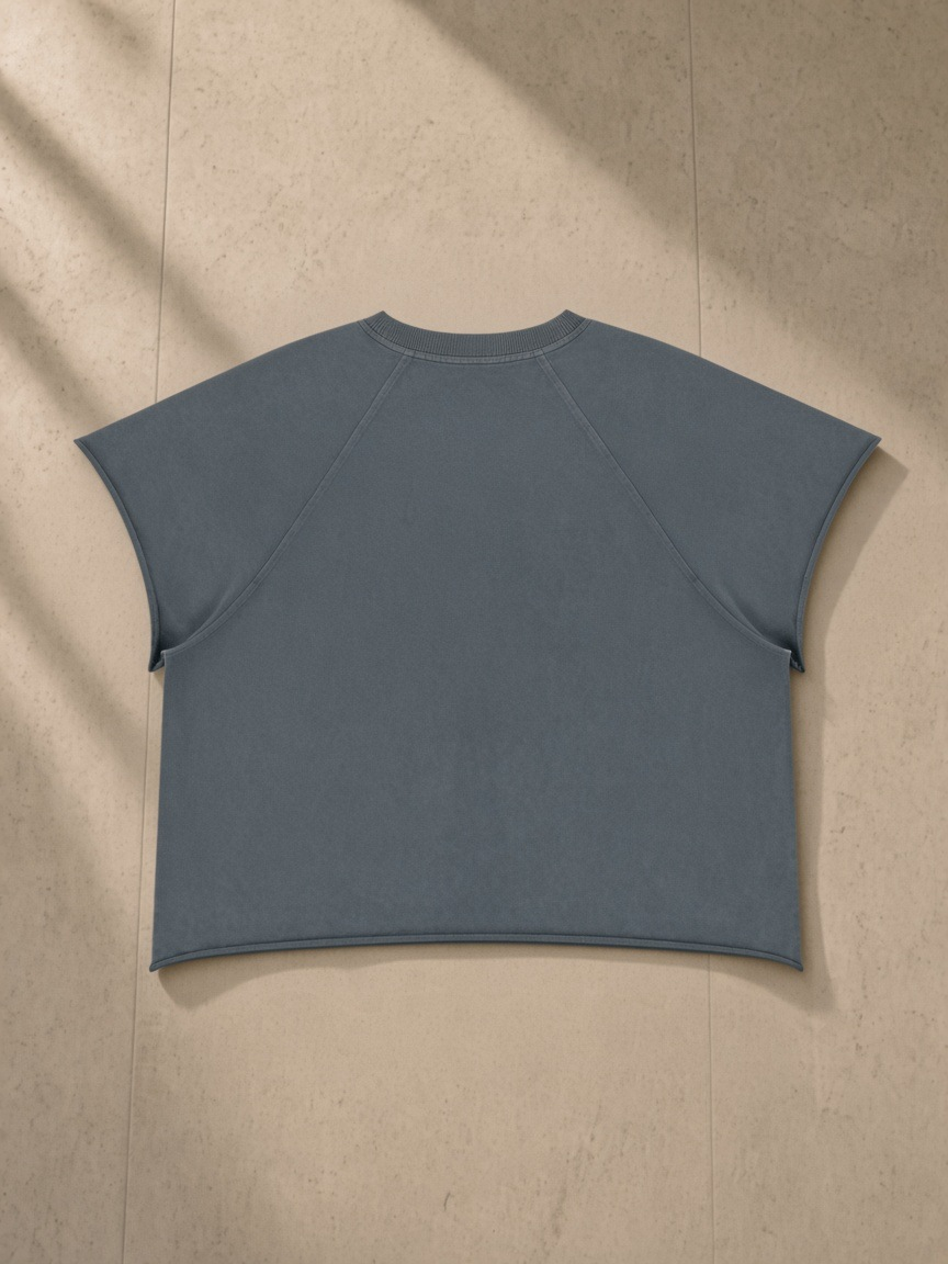 Vintage Wash Raw Edge Boxy T-Shirt in Gray Blue, laid flat on pale limestone, back.