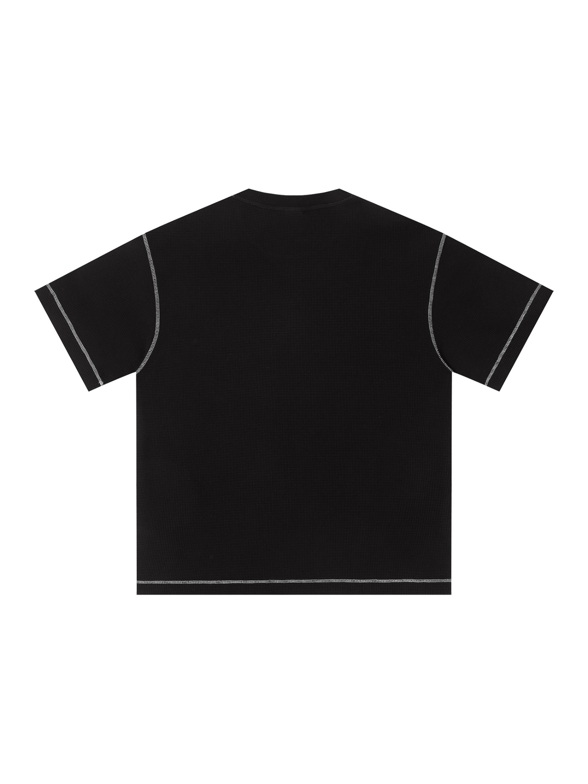 Unisex sunfade waffle boxy t-shirt in Black, back view on white. Marcel Afters