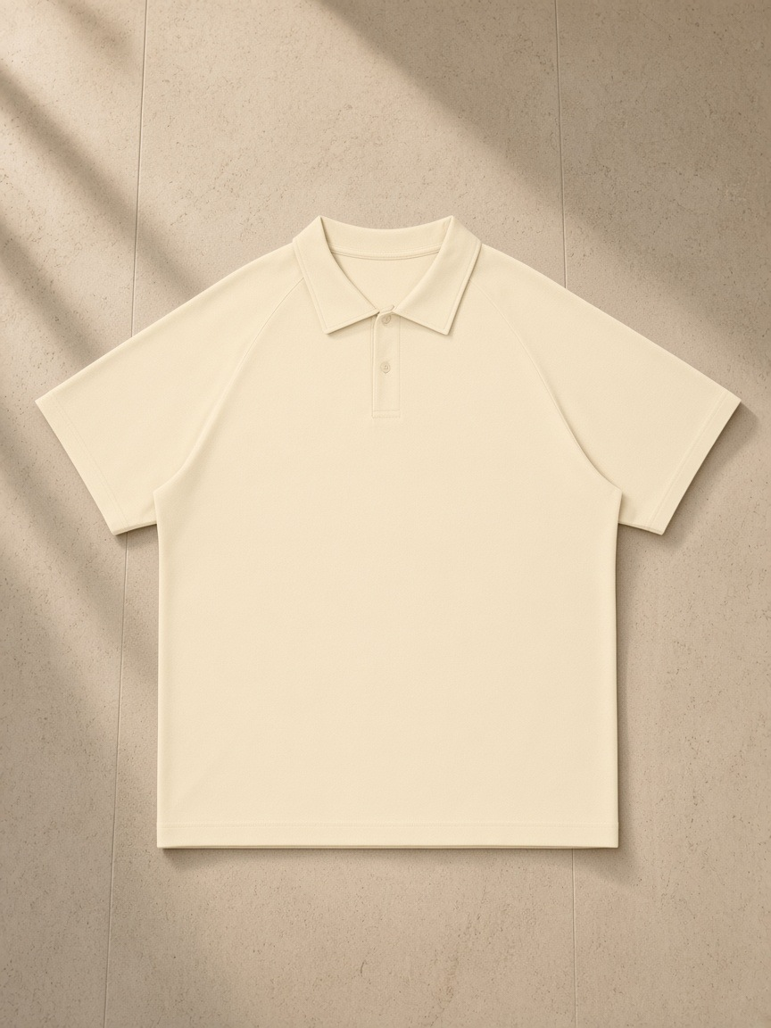 Unisex regular fit polo shirt in Apricot, laid flat on pale limestone