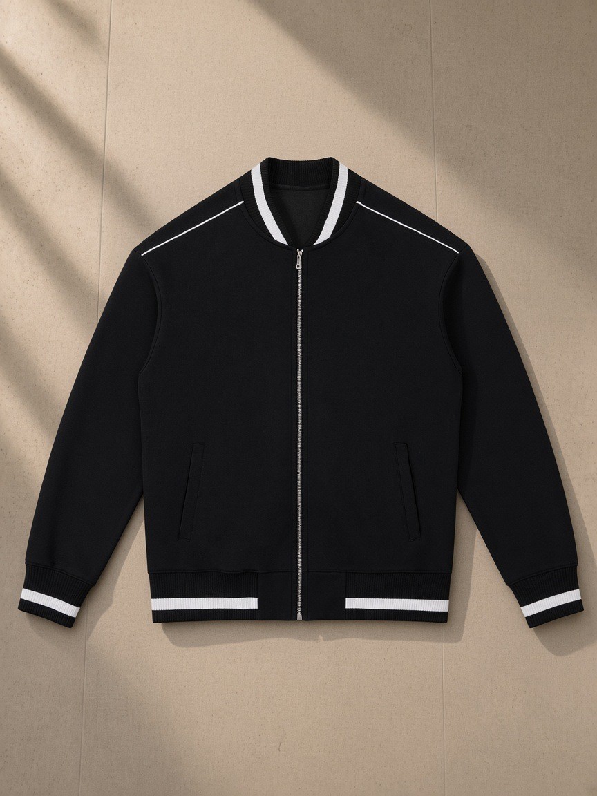 Contrast Piping Zip Bomber Jacket in Black, laid flat on pale limestone