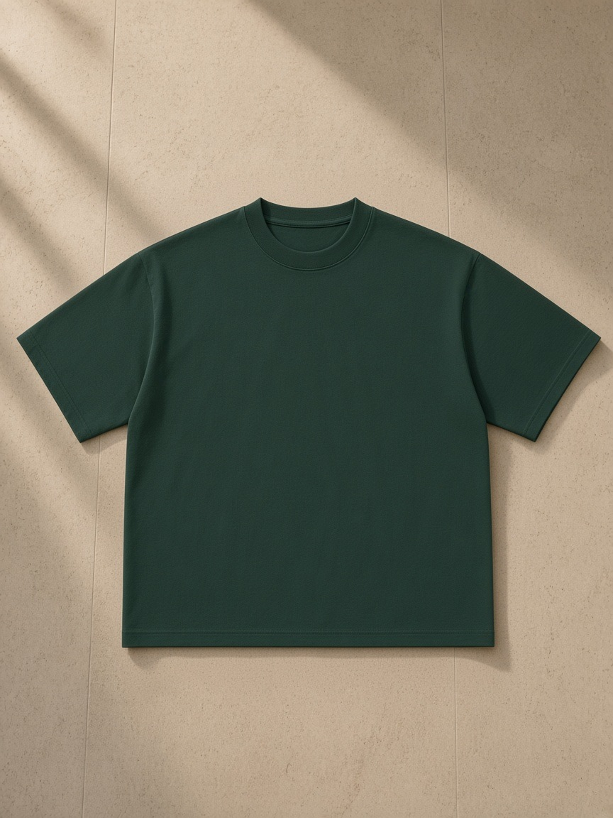 Women's Boxy Oversized T-Shirt in Dark Green, laid flat on pale limestone