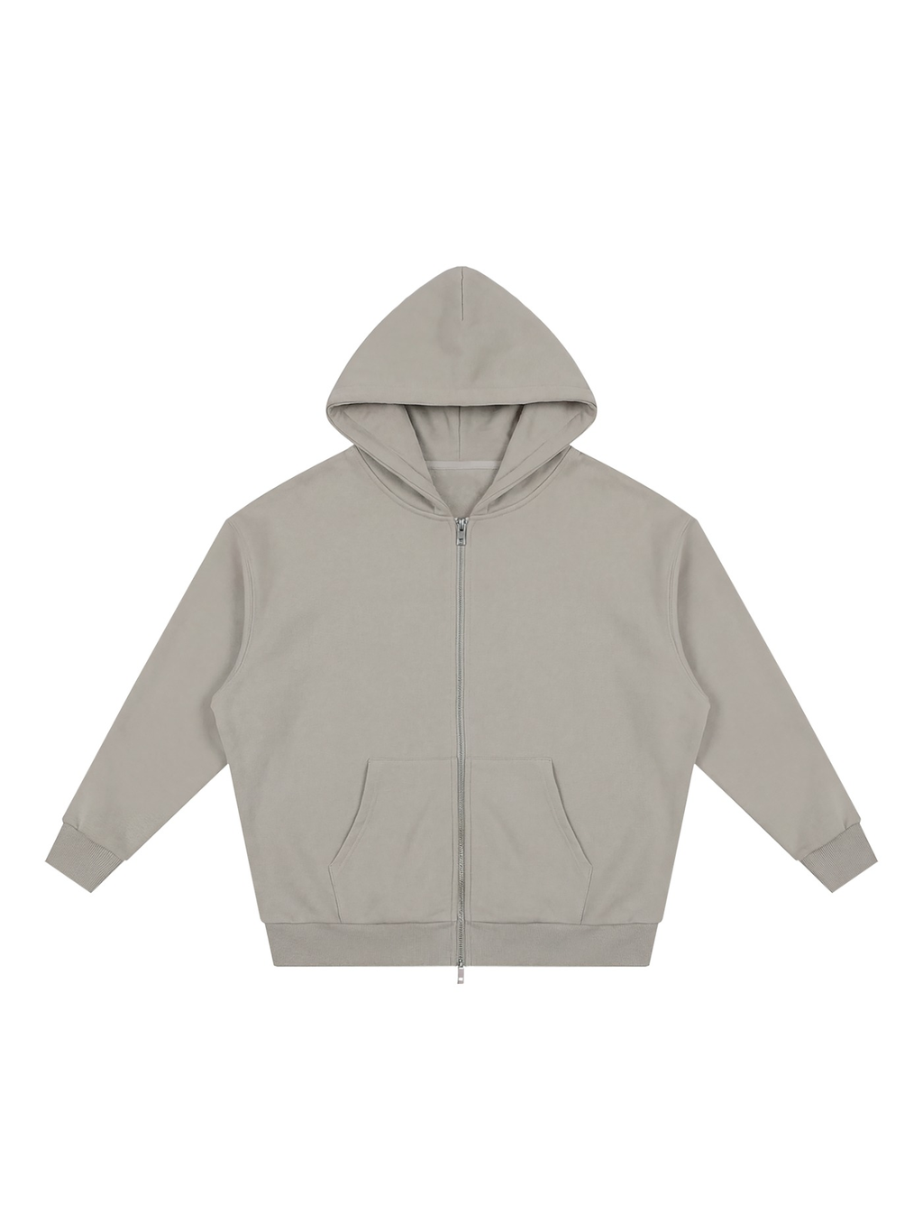 Unisex loose full zip hoodie in Light Gray, front view on white. Marcel Afters